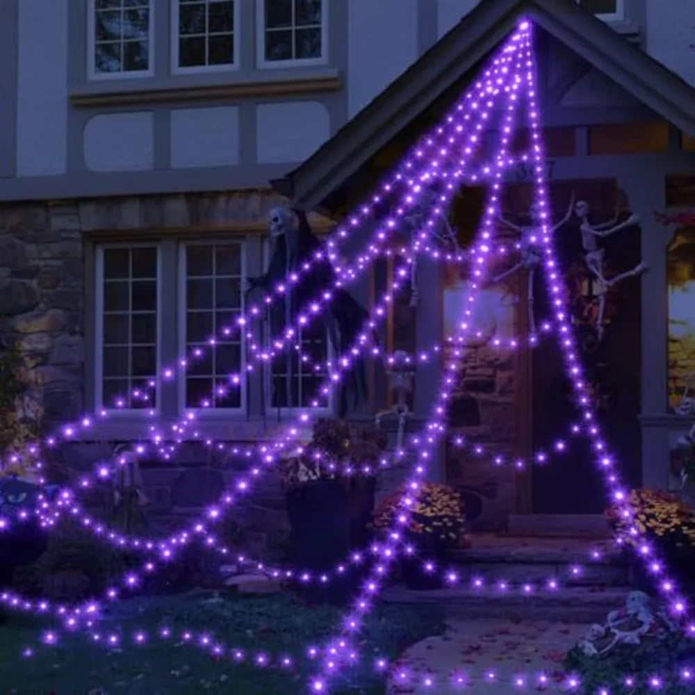 LED Spider Web Light, 8 Modes – Waterproof Outdoor Halloween Decor