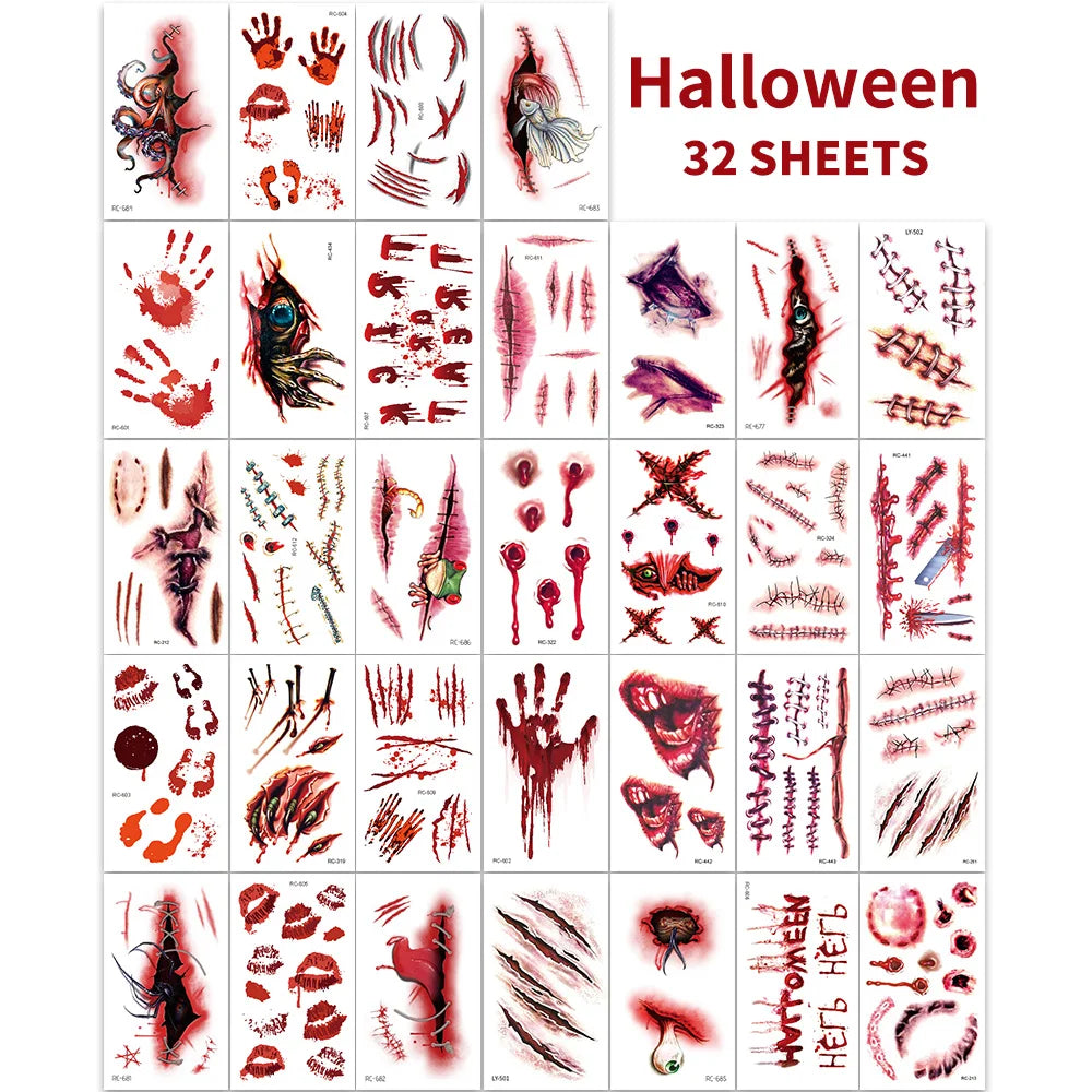 Fake Scar Temporary Tattoos, 32 Pcs – Zombie & Wound Halloween Makeup