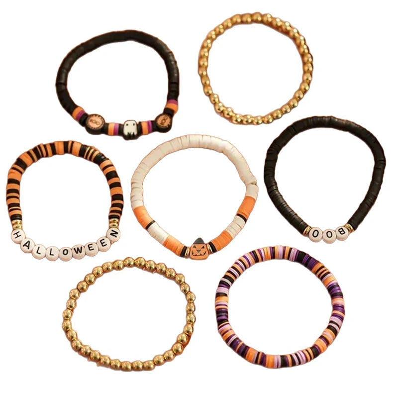 7-Piece Halloween Beaded Bracelet Set — Retro Pumpkin Polymer Clay Jewelry