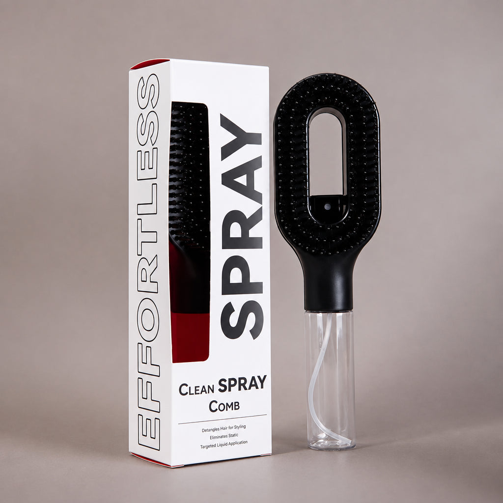 Black spray comb with white packaging labeled 'Effortless Spray' on a beige background