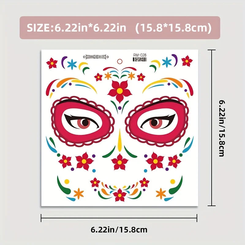 Day of the Dead Temporary Face Tattoos — Waterproof Halloween Skull Stickers, 4 Sheets