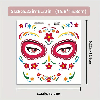 Day of the Dead Temporary Face Tattoos — Waterproof Halloween Skull Stickers, 4 Sheets