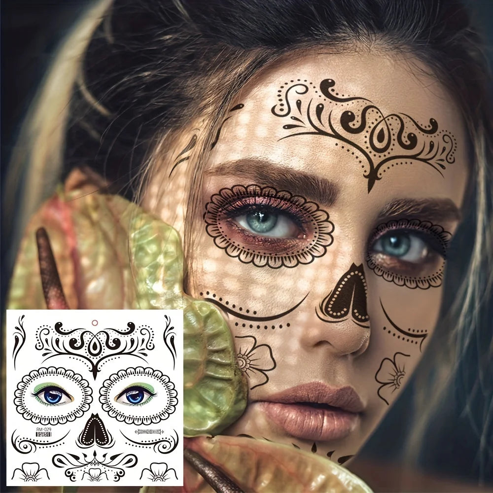 Day of the Dead Temporary Face Tattoos — Waterproof Halloween Skull Stickers, 4 Sheets