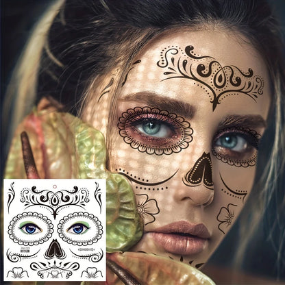 Day of the Dead Temporary Face Tattoos — Waterproof Halloween Skull Stickers, 4 Sheets