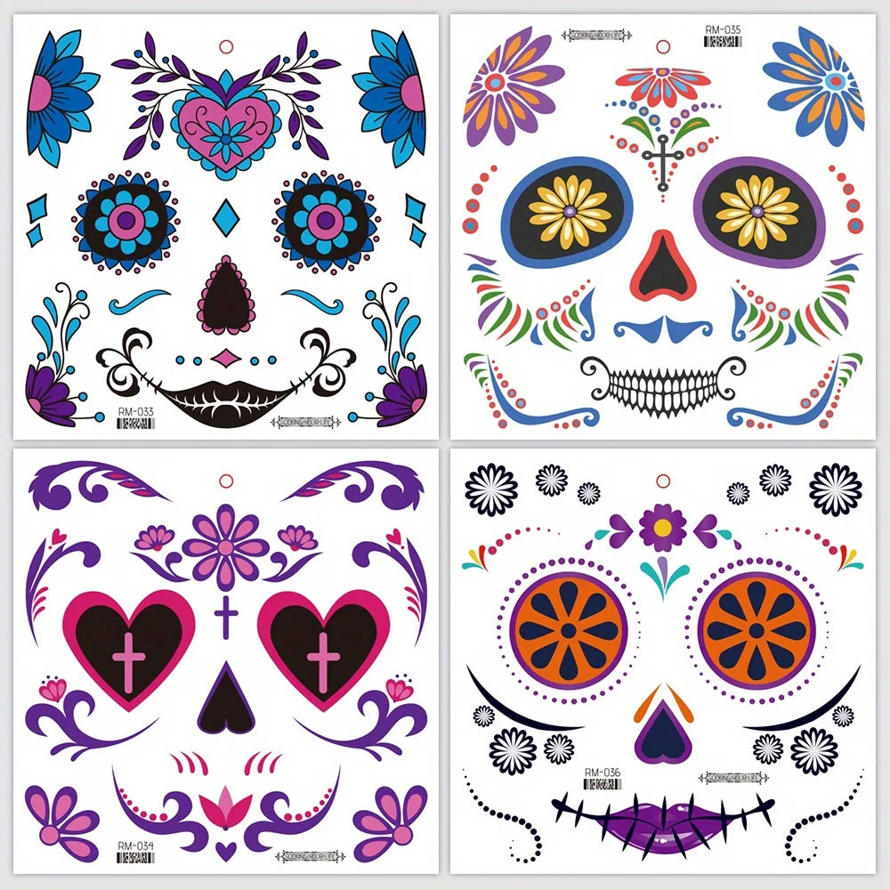 Day of the Dead Temporary Face Tattoos — Waterproof Halloween Skull Stickers, 4 Sheets