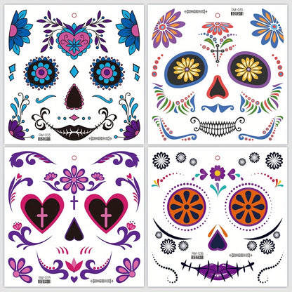 Day of the Dead Temporary Face Tattoos — Waterproof Halloween Skull Stickers, 4 Sheets