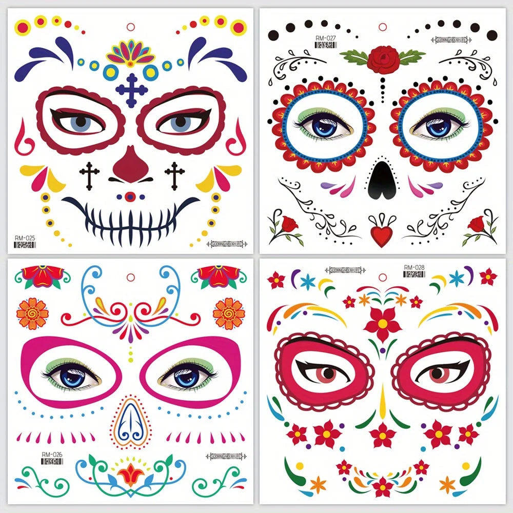 Day of the Dead Temporary Face Tattoos — Waterproof Halloween Skull Stickers, 4 Sheets