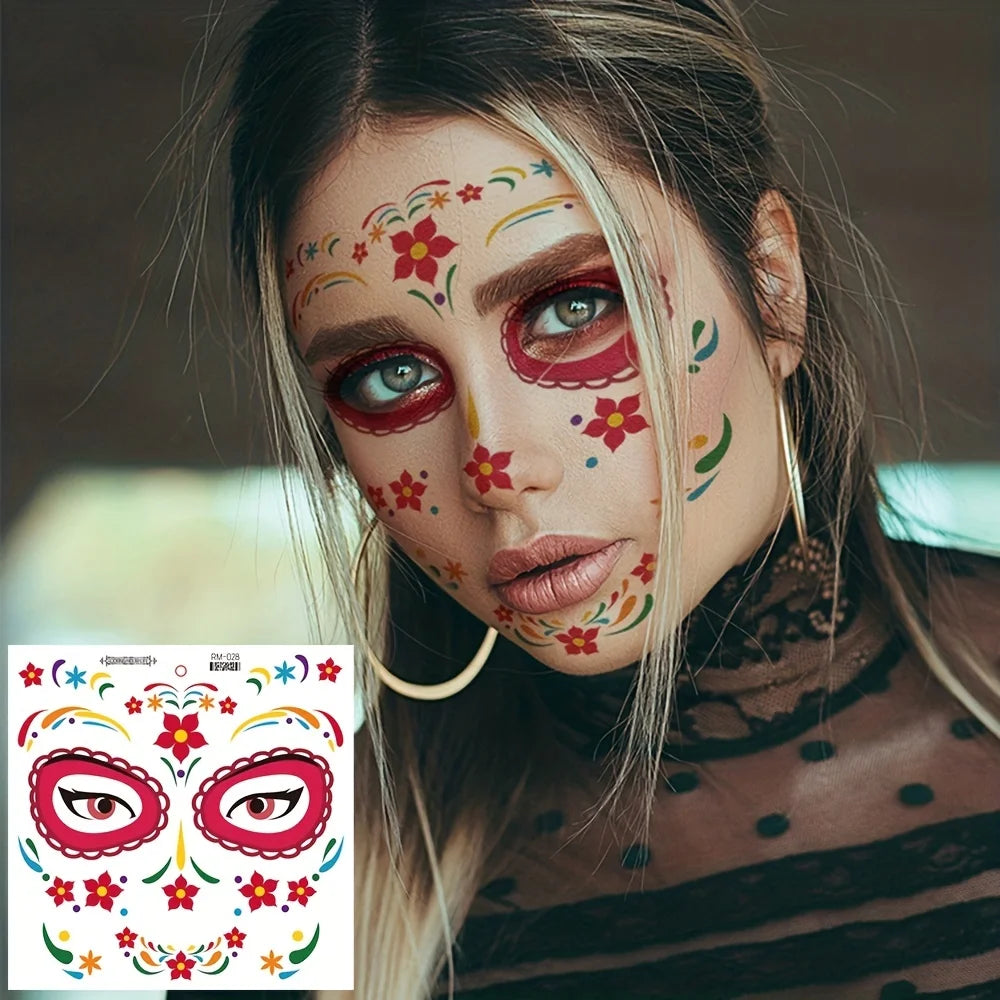 Day of the Dead Temporary Face Tattoos — Waterproof Halloween Skull Stickers, 4 Sheets