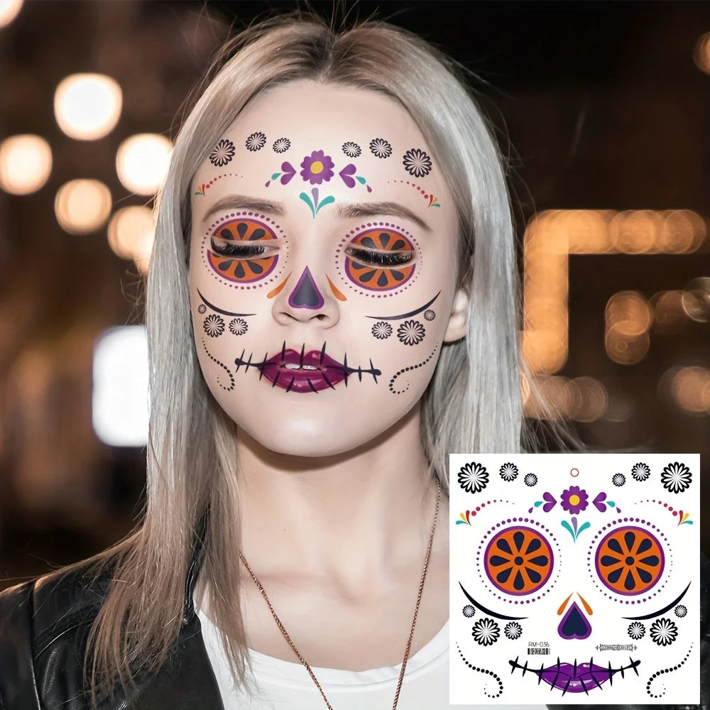 Day of the Dead Temporary Face Tattoos — Waterproof Halloween Skull Stickers, 4 Sheets
