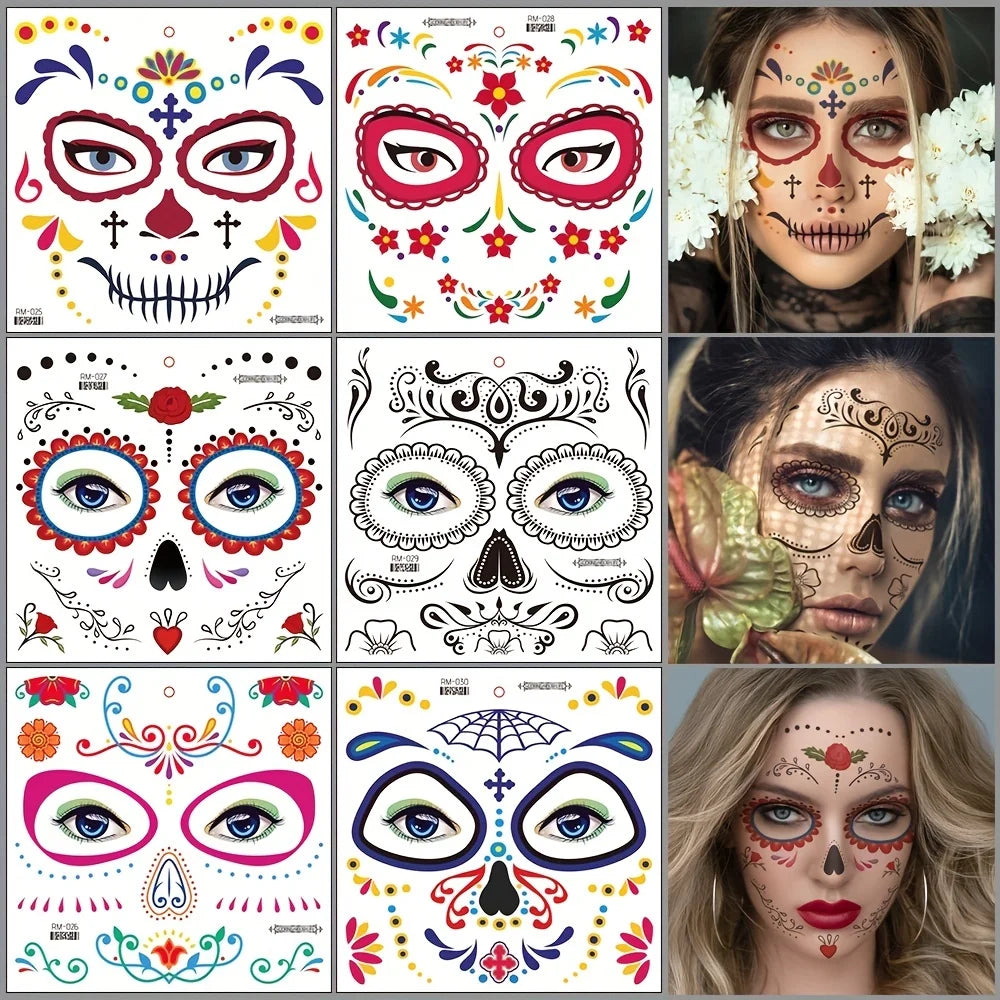 Day of the Dead Temporary Face Tattoos — Waterproof Halloween Skull Stickers, 4 Sheets