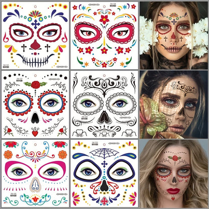 Day of the Dead Temporary Face Tattoos — Waterproof Halloween Skull Stickers, 4 Sheets