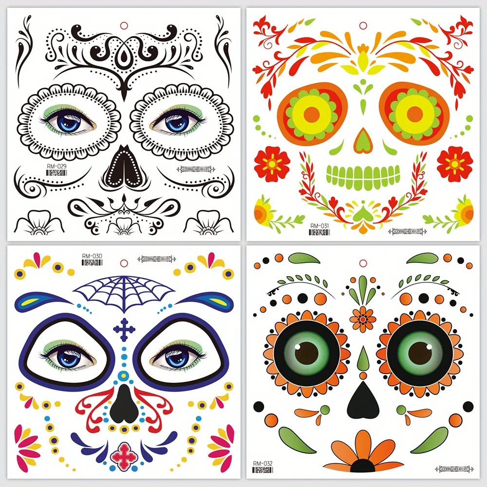 Day of the Dead Temporary Face Tattoos — Waterproof Halloween Skull Stickers, 4 Sheets
