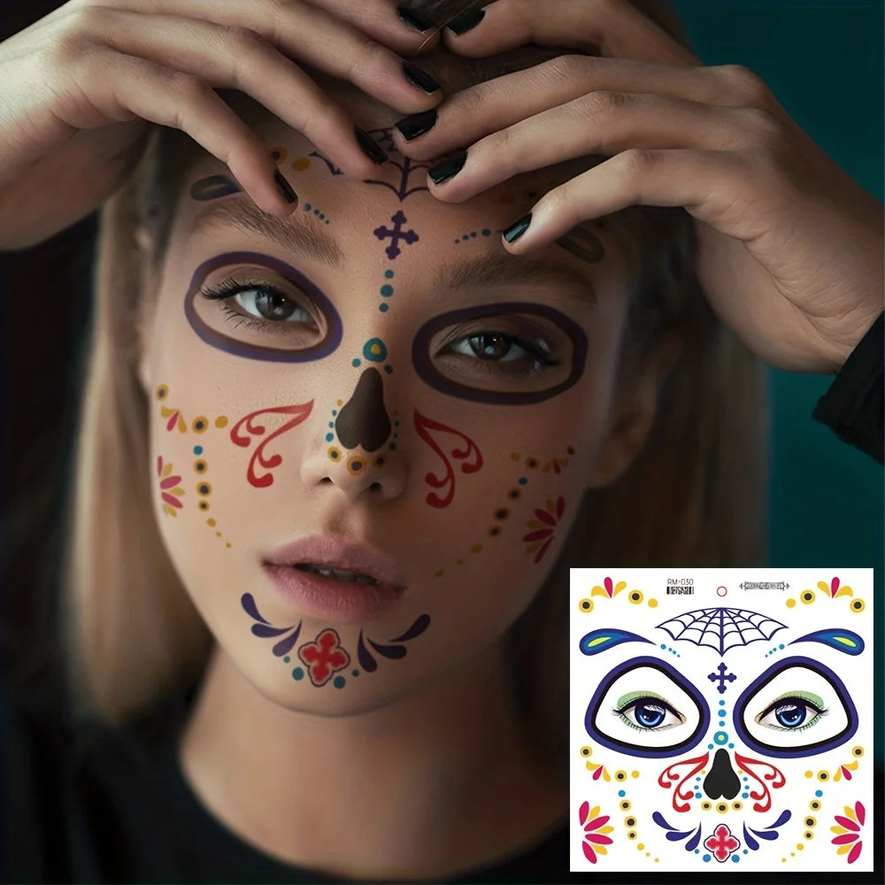 Day of the Dead Temporary Face Tattoos — Waterproof Halloween Skull Stickers, 4 Sheets
