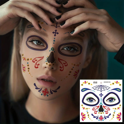 Day of the Dead Temporary Face Tattoos — Waterproof Halloween Skull Stickers, 4 Sheets