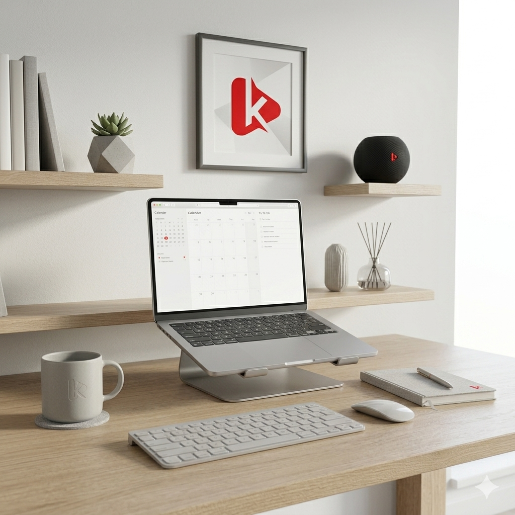 Modern minimalist workspace with smart lifestyle products and subtle Kimi Hub branding