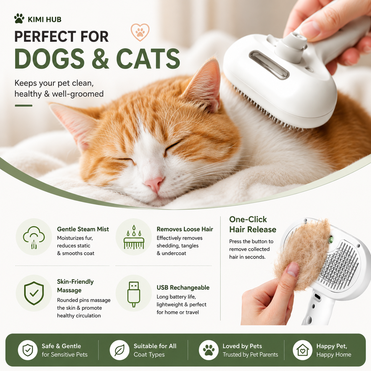 Pet Steam Grooming Brush for dogs and cats, removing loose fur with fine mist spray technology | Kimi Hub