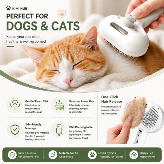 Pet Steam Grooming Brush for dogs and cats, removing loose fur with fine mist spray technology | Kimi Hub