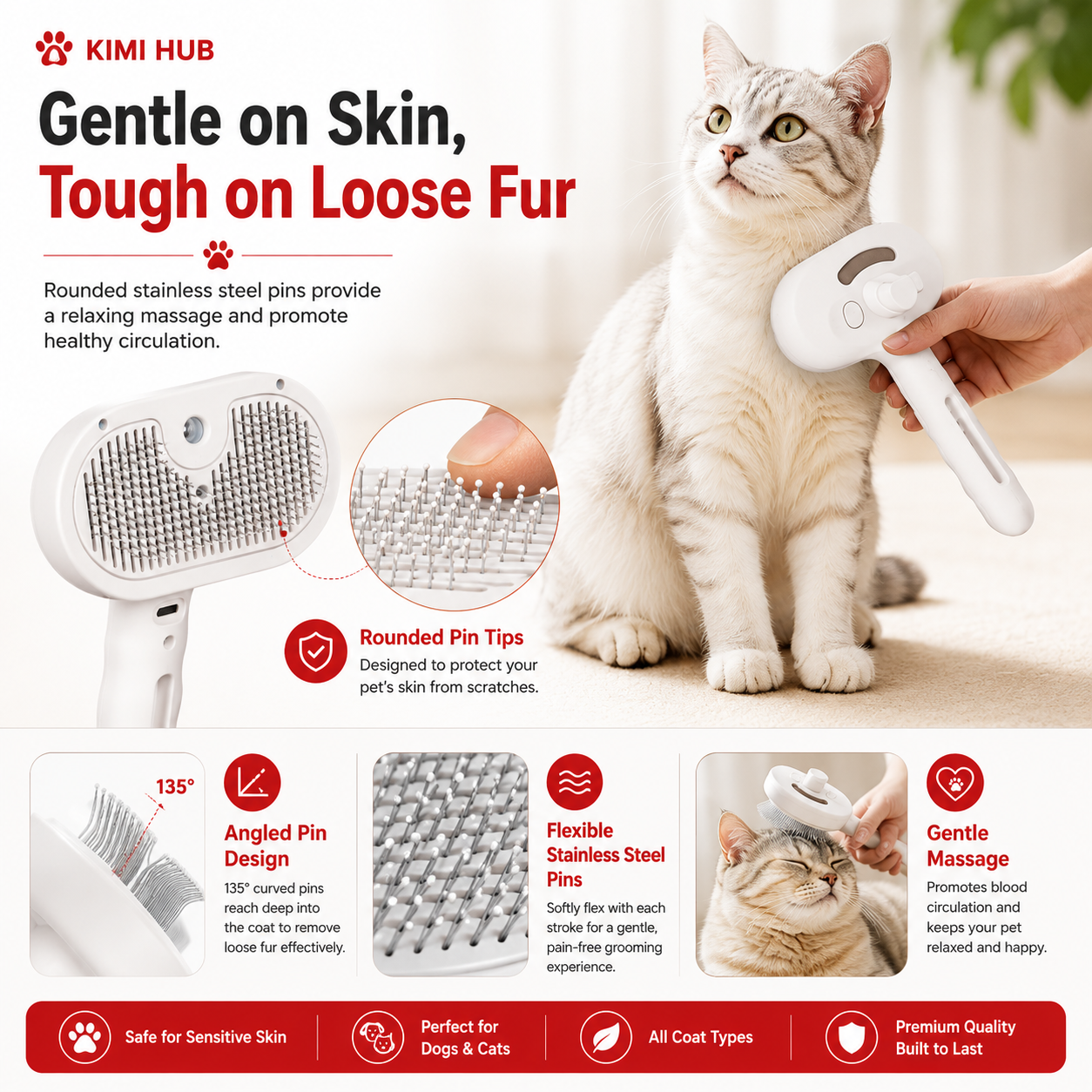 Pet Steam Grooming Brush with rounded stainless steel pins for comfortable grooming and deshedding | Kimi Hub