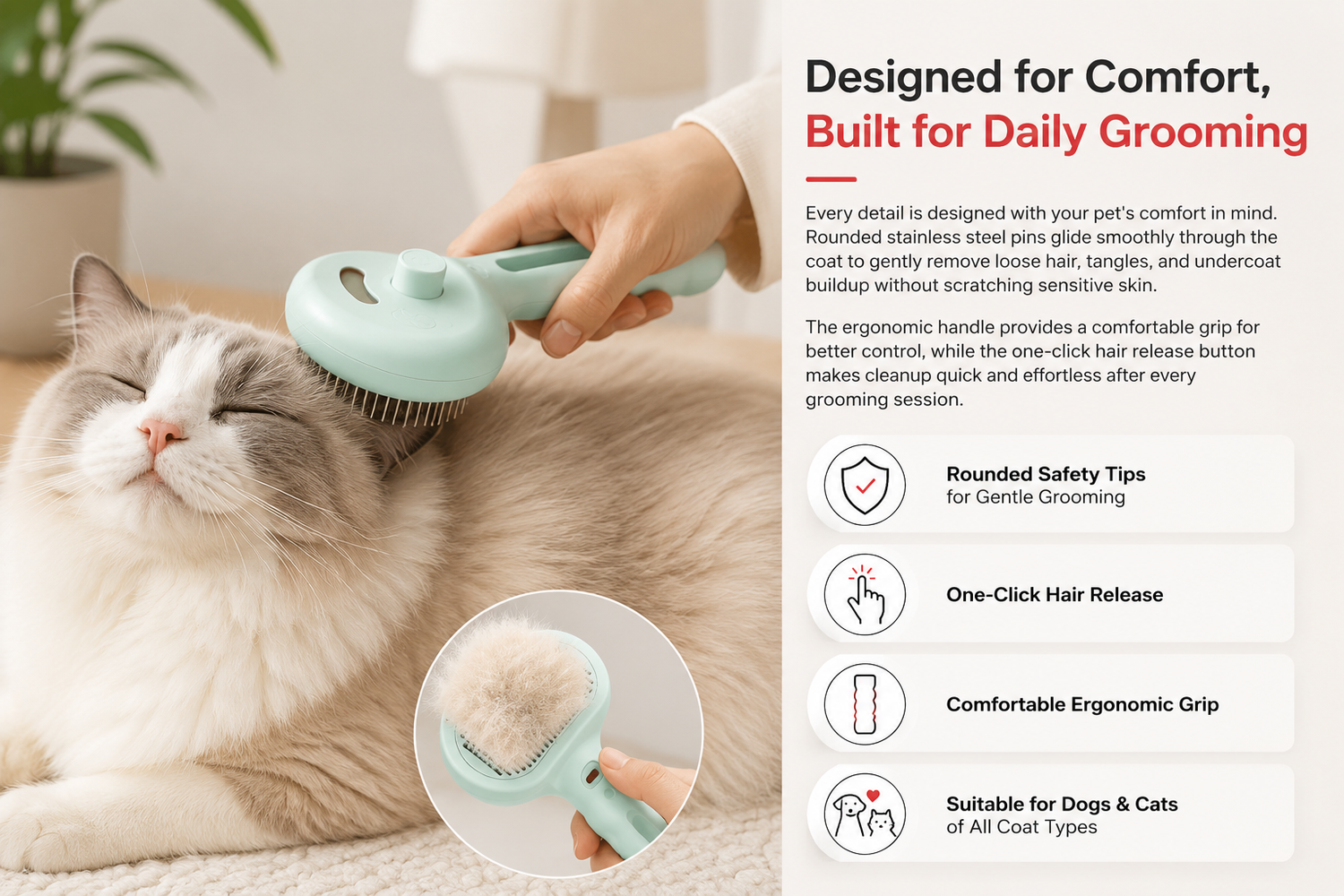 Person using a mint green pet grooming brush to gently groom a relaxed long-haired cat, highlighting the ergonomic handle, rounded grooming pins, and easy hair removal design.
