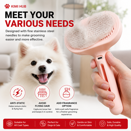Rechargeable pet grooming brush featuring fine mist spray, gentle grooming, and one-click hair release | Kimi Hub
