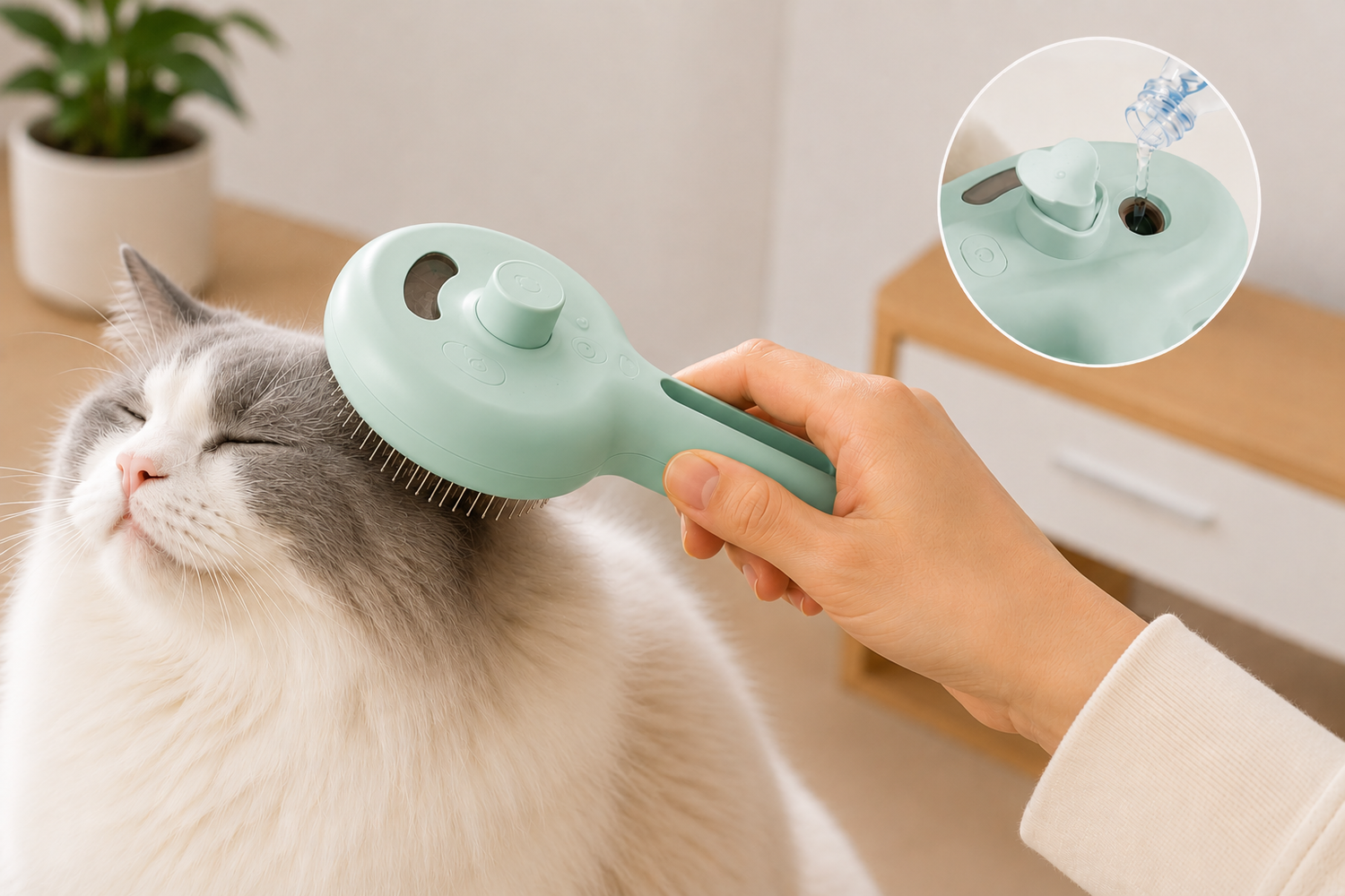 Person using a rechargeable pet grooming brush with a built-in water tank to gently groom a relaxed long-haired cat, demonstrating comfortable daily coat care and fine mist grooming.