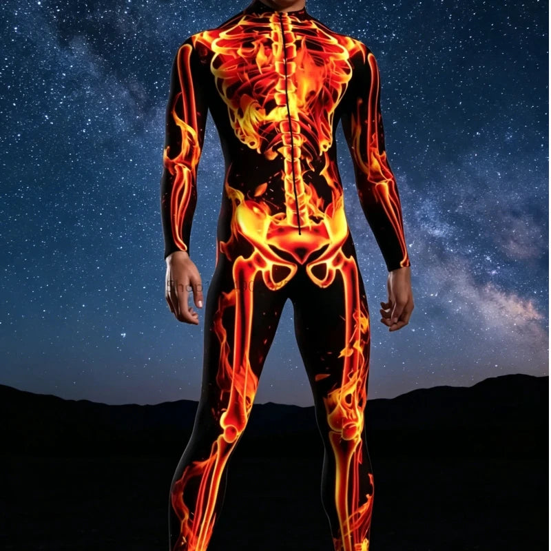 Flame Skeleton Jumpsuit Costume for Men – Halloween Tights Suit