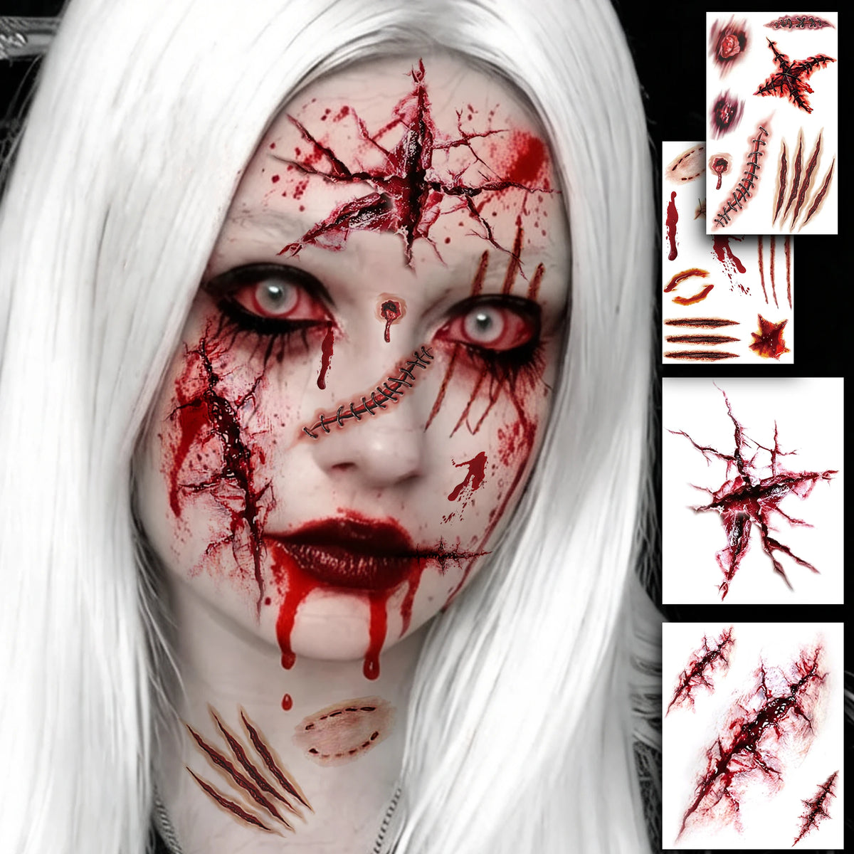 Realistic Wound & Scar Temporary Tattoos — Halloween Zombie Makeup, 4 Sheets