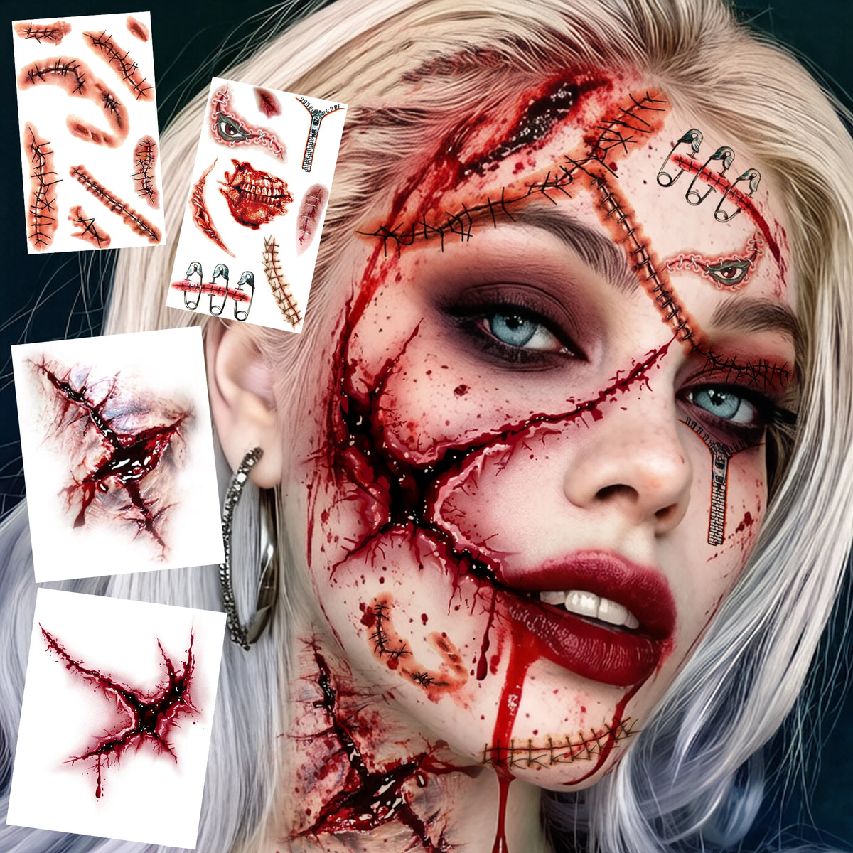 Realistic Wound & Scar Temporary Tattoos — Halloween Zombie Makeup, 4 Sheets