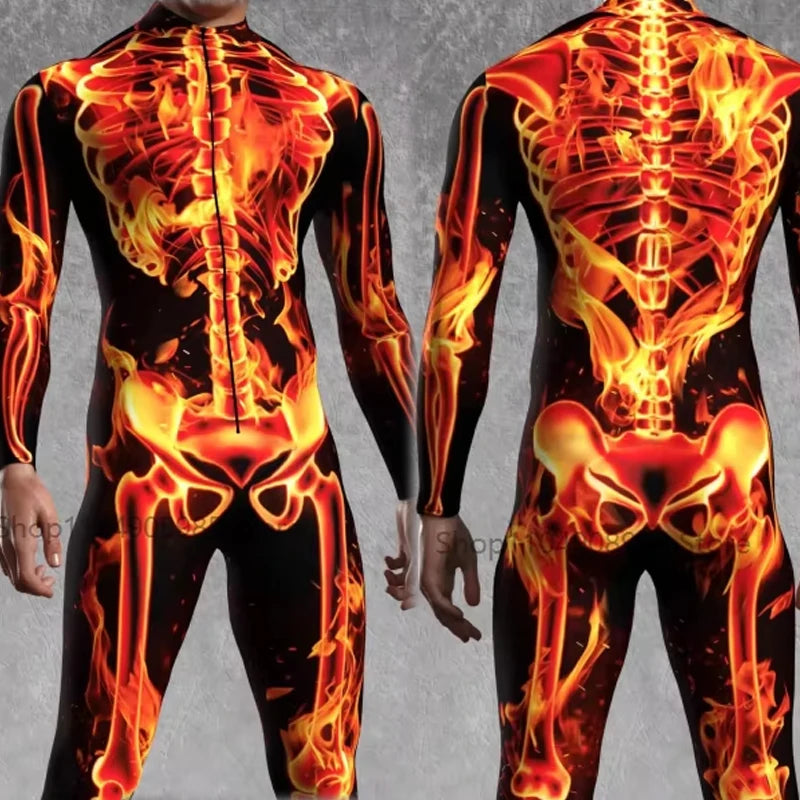 Flame Skeleton Jumpsuit Costume for Men – Halloween Tights Suit