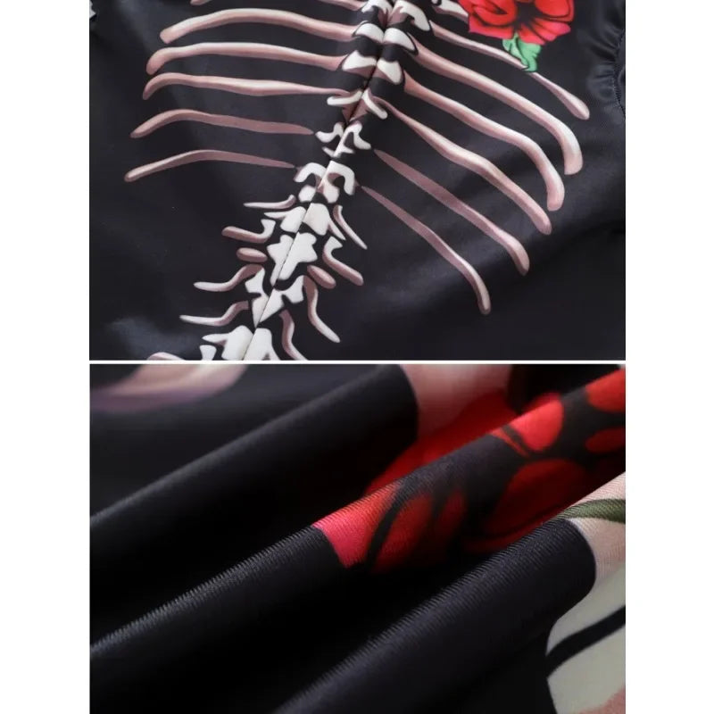 Skeleton Rose Bodycon Jumpsuit – Women's Long Sleeve Sugar Skull Catsuit Halloween Costume