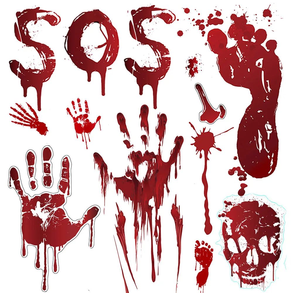 Bloody Handprint & Skull Window Stickers – Halloween Decor