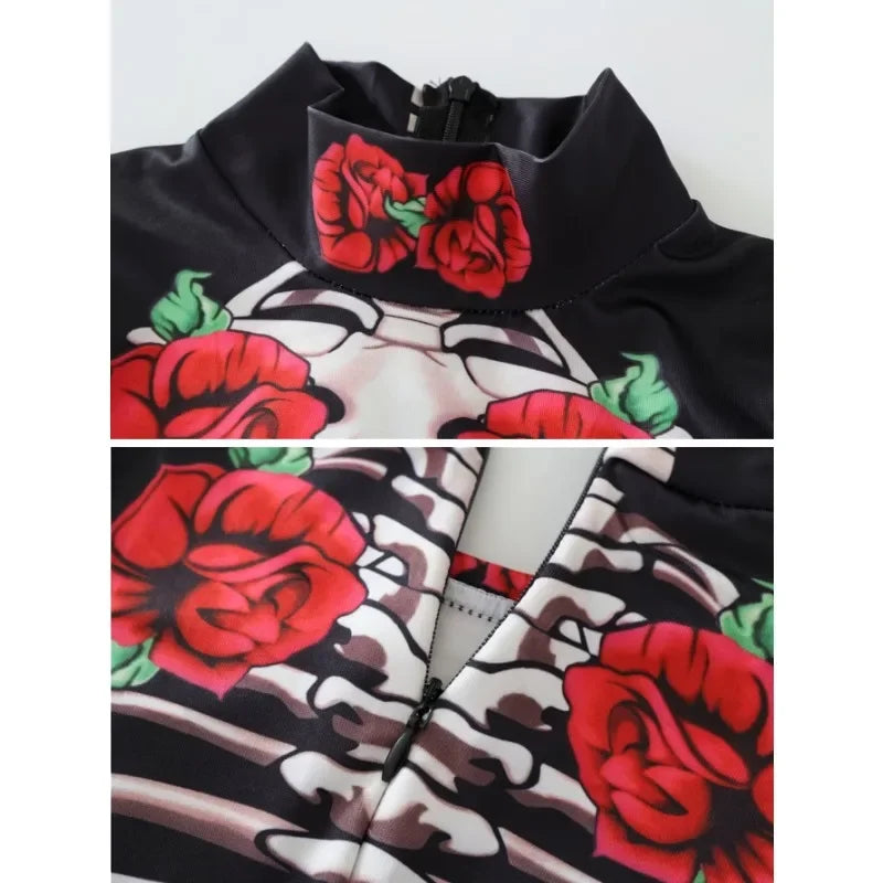 Skeleton Rose Bodycon Jumpsuit – Women's Long Sleeve Sugar Skull Catsuit Halloween Costume
