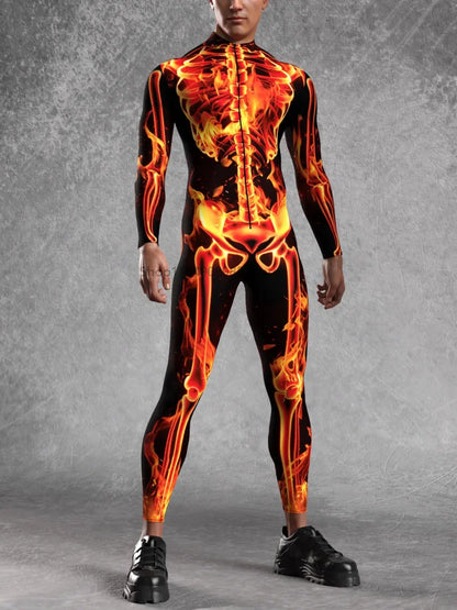 Flame Skeleton Jumpsuit Costume for Men – Halloween Tights Suit