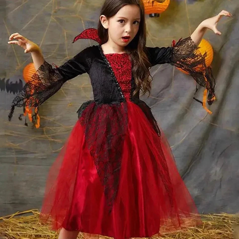 Gothic Vampire Bride Costume for Girls - Lace Tulle Dress with Accessories