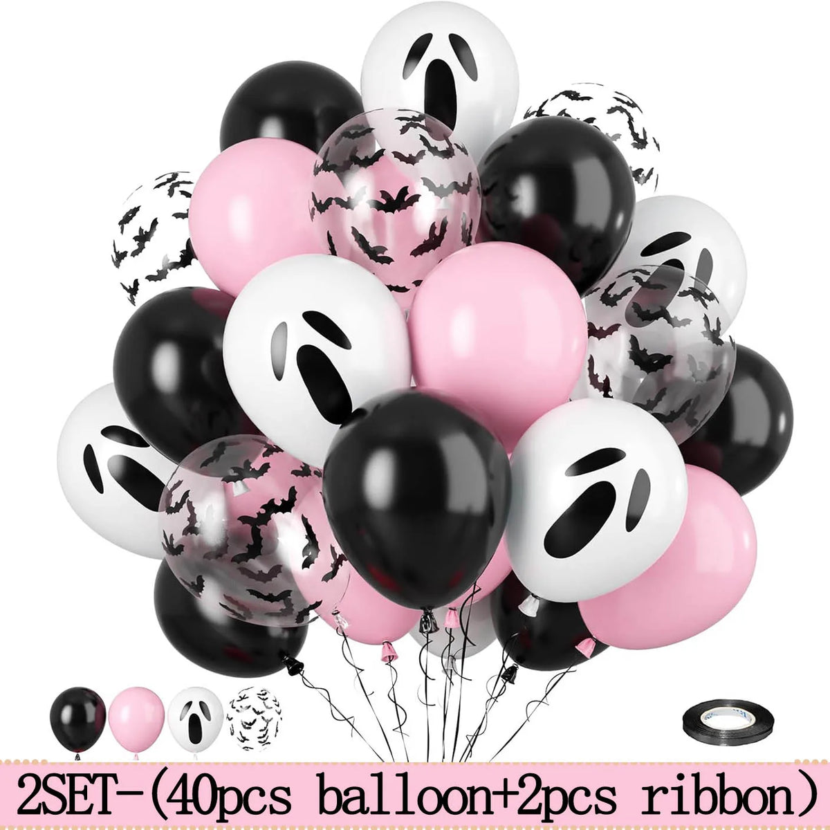 Pink & Black Halloween Balloon Set – Ghost & Bat Party Decor
