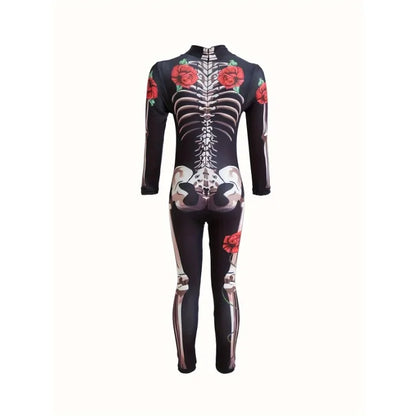 Skeleton Rose Bodycon Jumpsuit – Women's Long Sleeve Sugar Skull Catsuit Halloween Costume