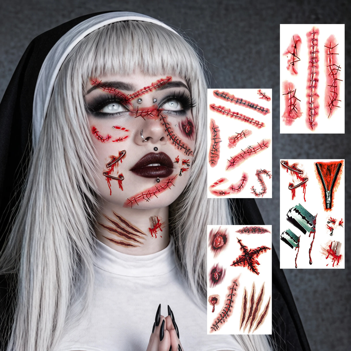 Realistic Wound & Scar Temporary Tattoos — Halloween Zombie Makeup, 4 Sheets
