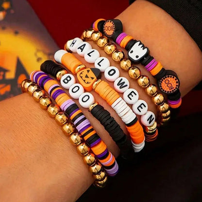 7-Piece Halloween Beaded Bracelet Set — Retro Pumpkin Polymer Clay Jewelry