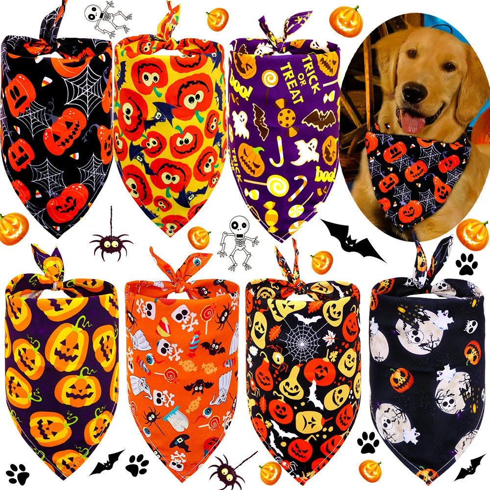 Halloween Dog Bandana – Pumpkin, Skull & Ghost Print for Dogs & Cats