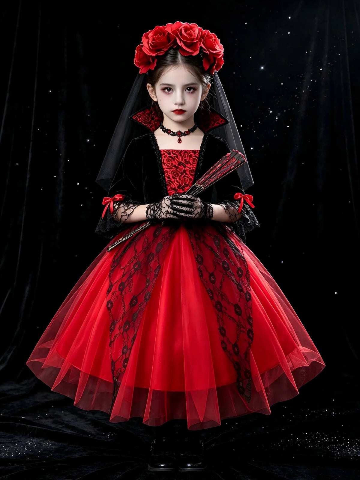 Gothic Vampire Bride Costume for Girls - Lace Tulle Dress with Accessories