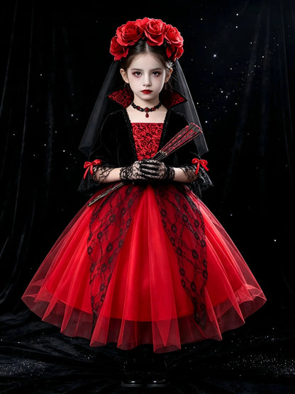 Gothic Vampire Bride Costume for Girls - Lace Tulle Dress with Accessories