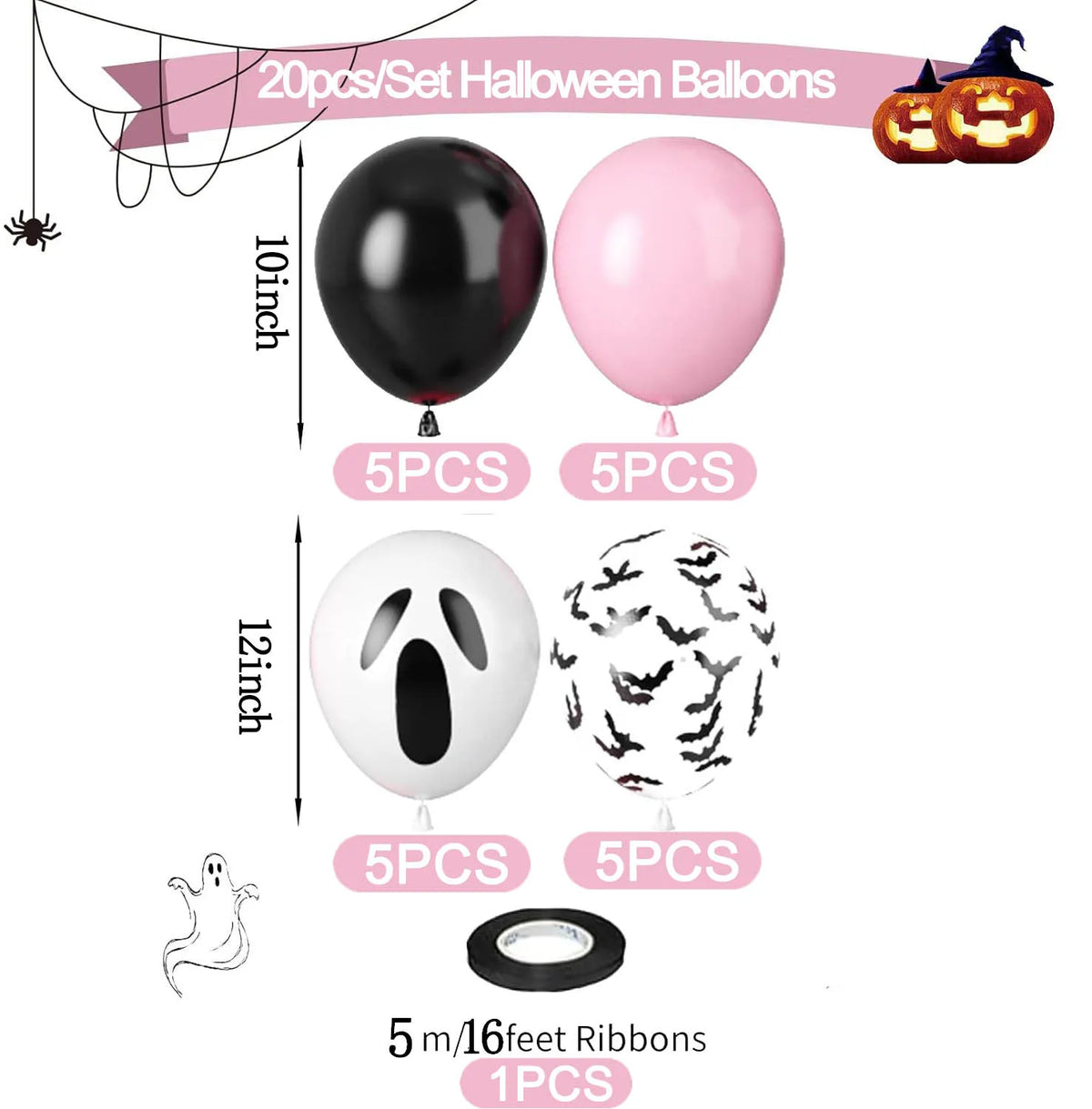 Pink & Black Halloween Balloon Set – Ghost & Bat Party Decor
