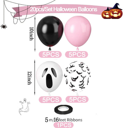 Pink & Black Halloween Balloon Set – Ghost & Bat Party Decor