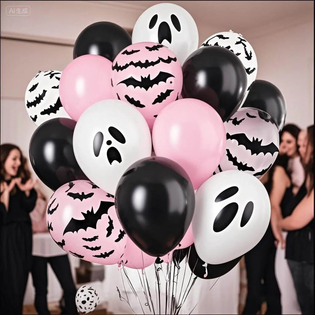 Pink & Black Halloween Balloon Set – Ghost & Bat Party Decor