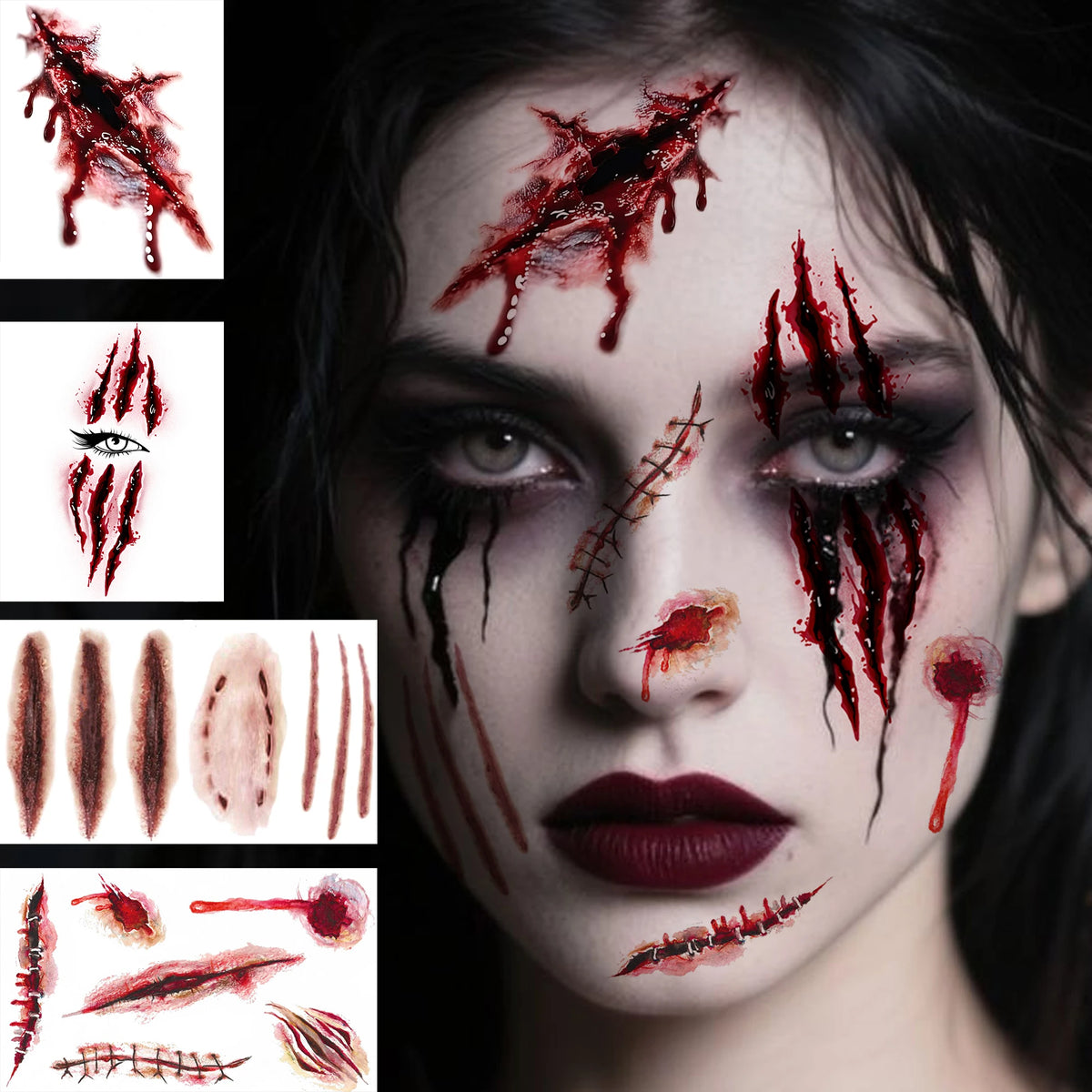 Realistic Wound & Scar Temporary Tattoos — Halloween Zombie Makeup, 4 Sheets