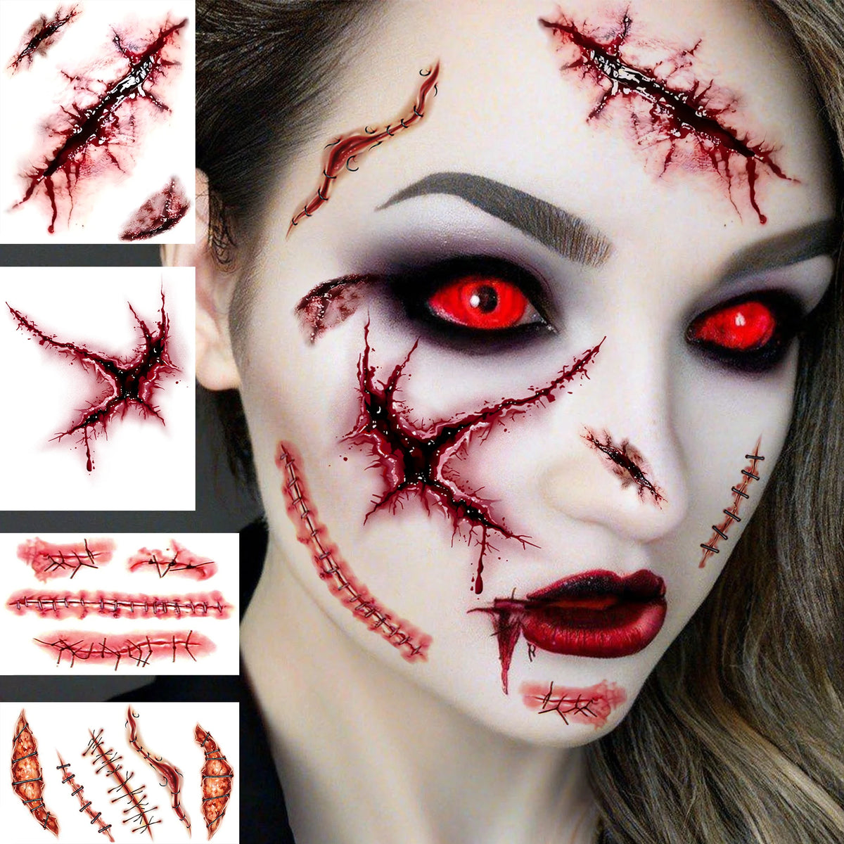 Realistic Wound & Scar Temporary Tattoos — Halloween Zombie Makeup, 4 Sheets