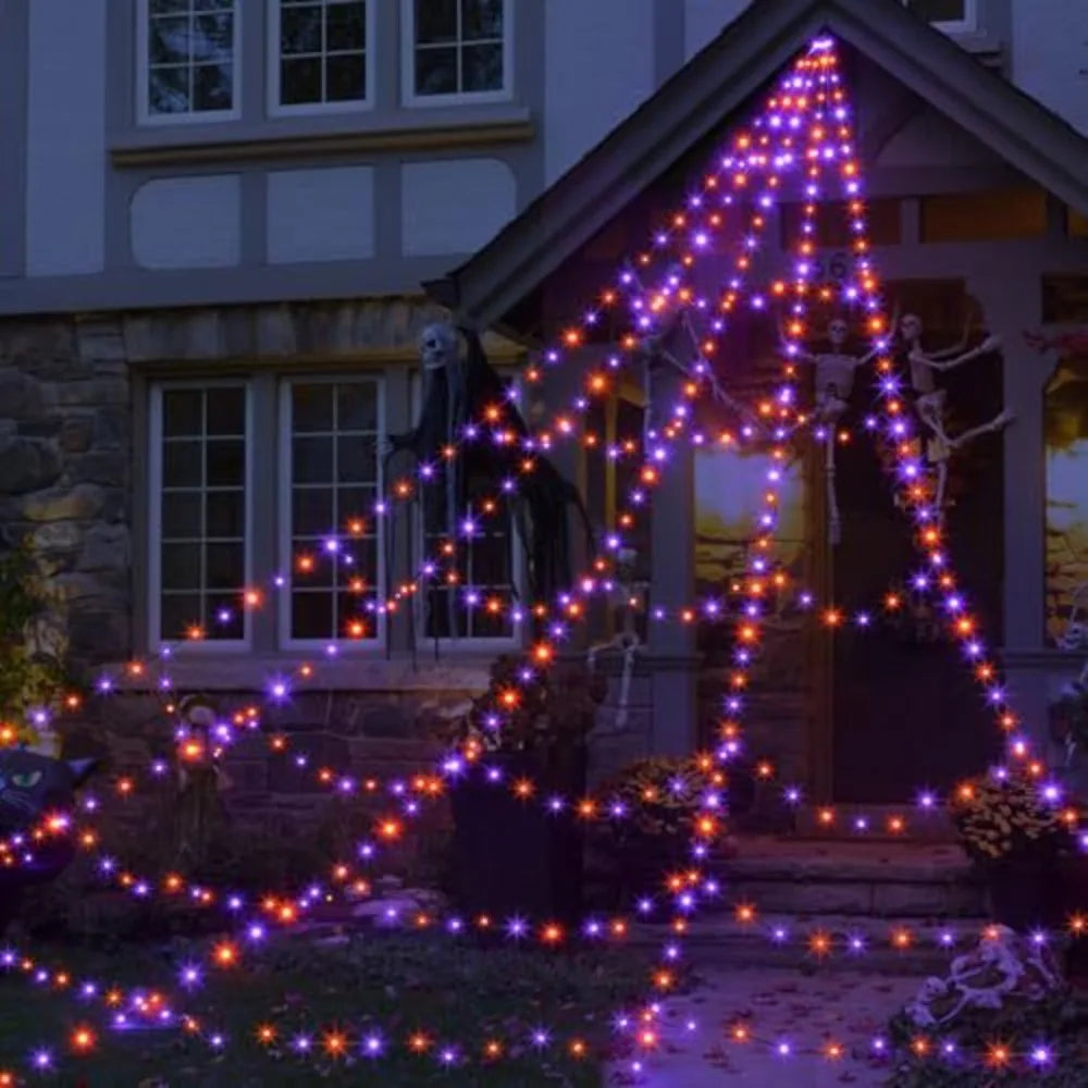 LED Spider Web Light, 8 Modes – Waterproof Outdoor Halloween Decor