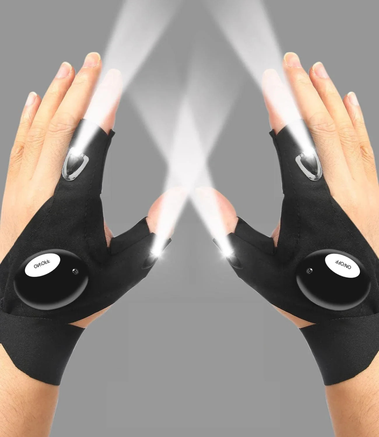 Black gloves with LED lights on a gray background