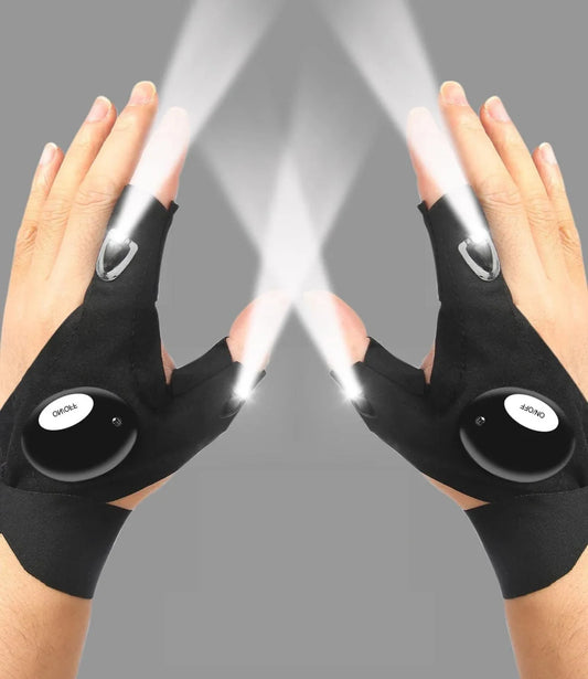 Black gloves with LED lights on a gray background
