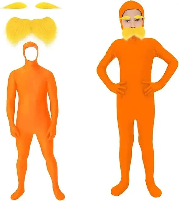Orange Bodysuit Costume with Moustache & Eyebrows - Kids & Adult Halloween Jumpsuit